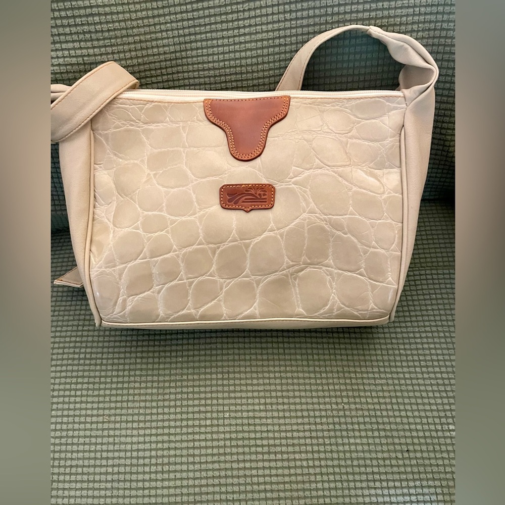 Chic Beige, Cream and Tan Shoulder Bag with Crocodile Embossed Texture. Zipper